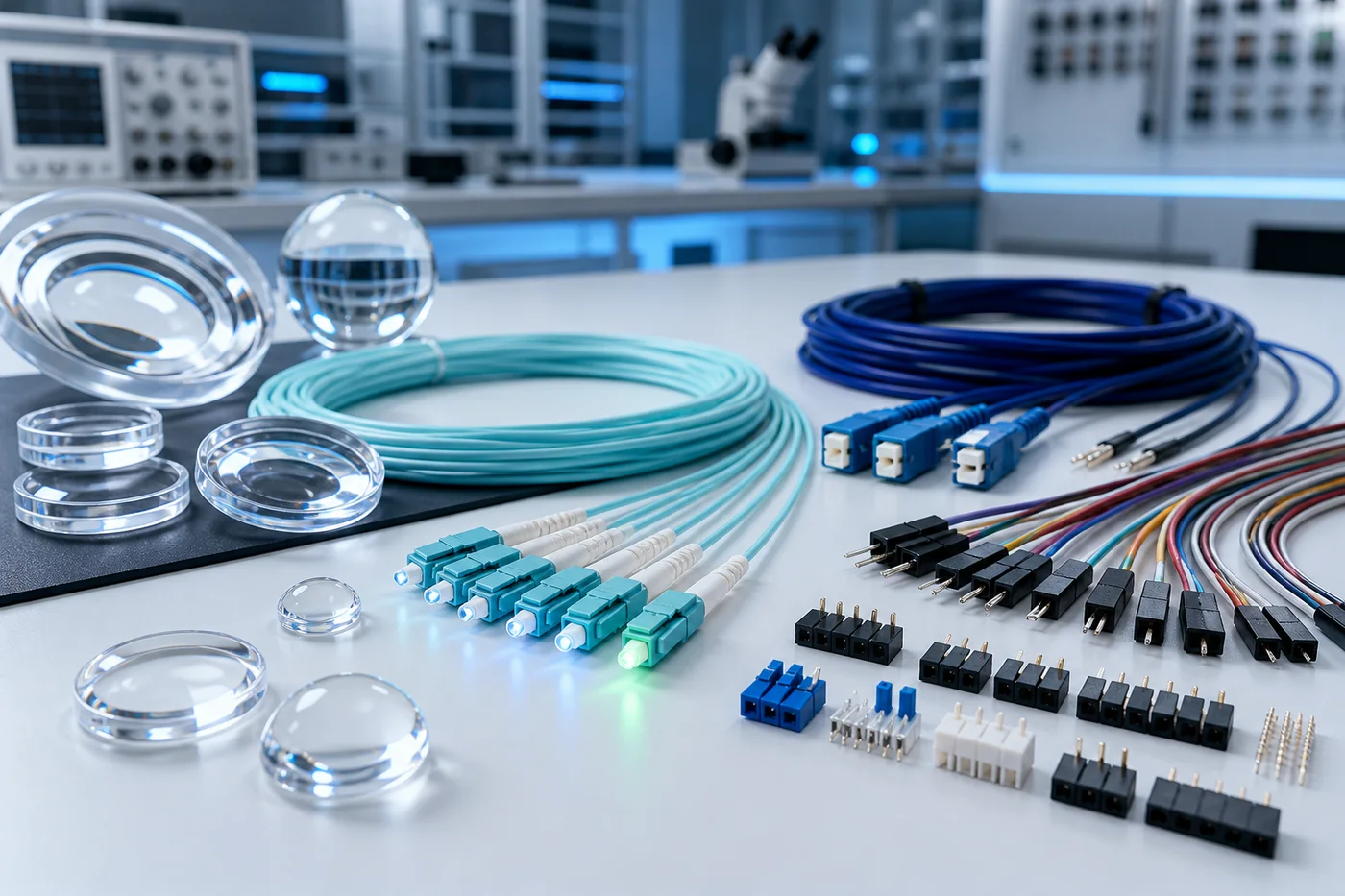 Precision optical components and fiber connectivity products on a technical workbench