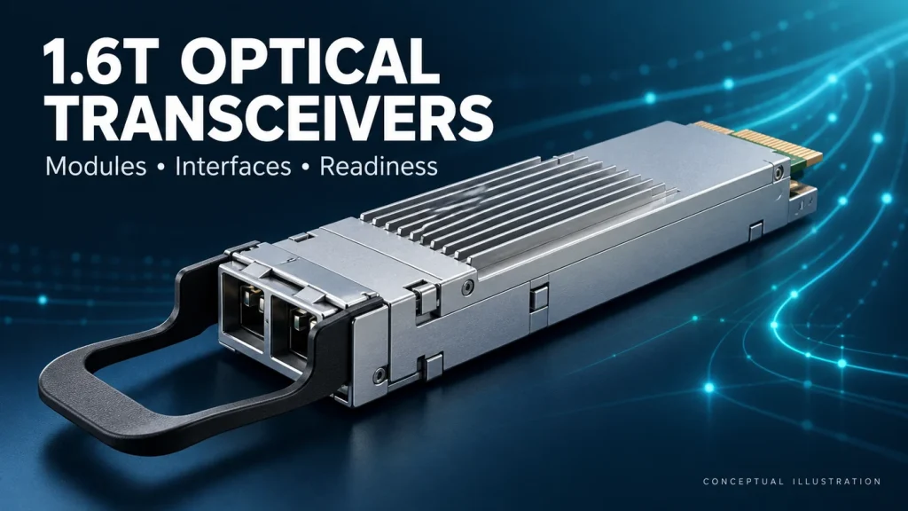 Conceptual illustration of a pluggable optical transceiver for 1.6T industry coverage; not a specific manufacturer product