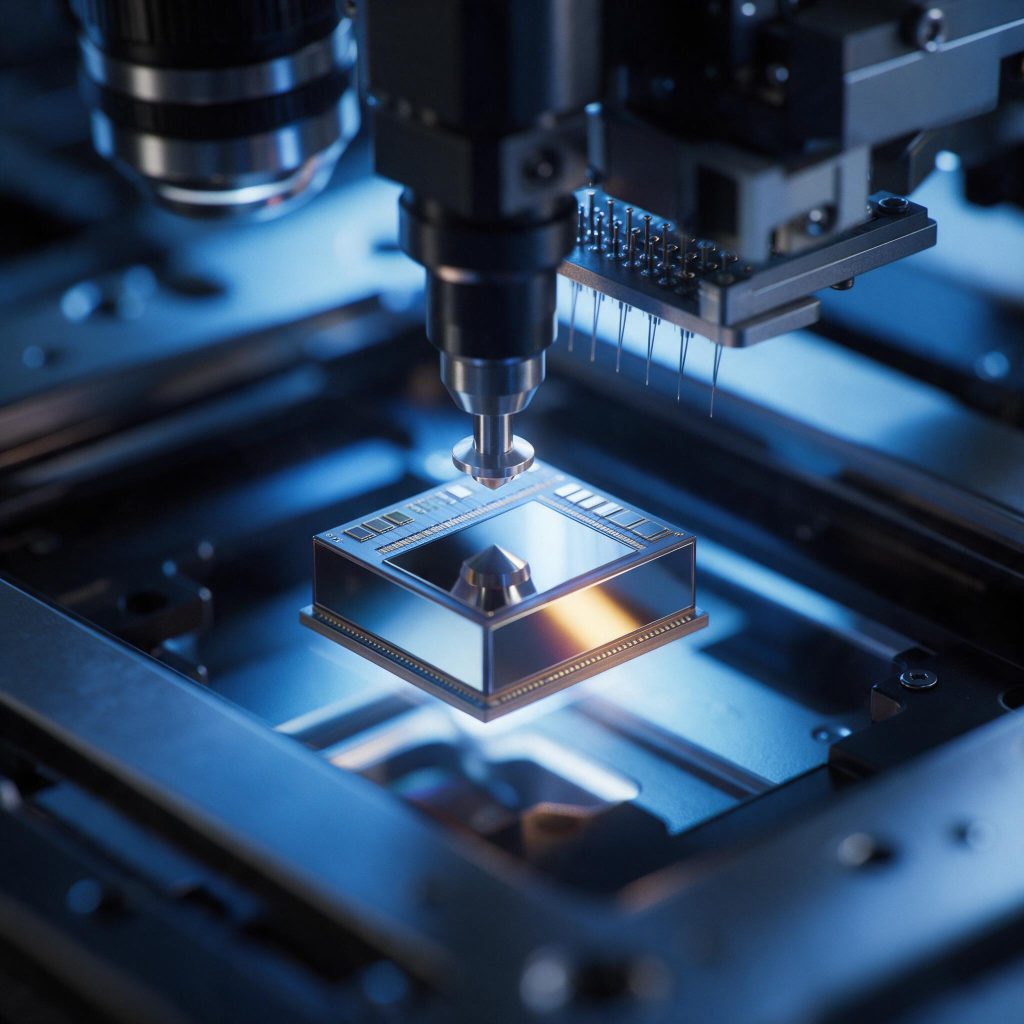 200G-class EML laser chip die on a wafer probe station with a vacuum pick-up tool under inspection lighting