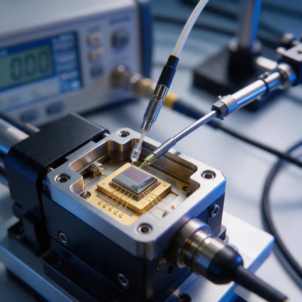 Single-lane 400G photodiode die mounted in an optical subassembly on a test bench with a fibre-coupled probe and power meter