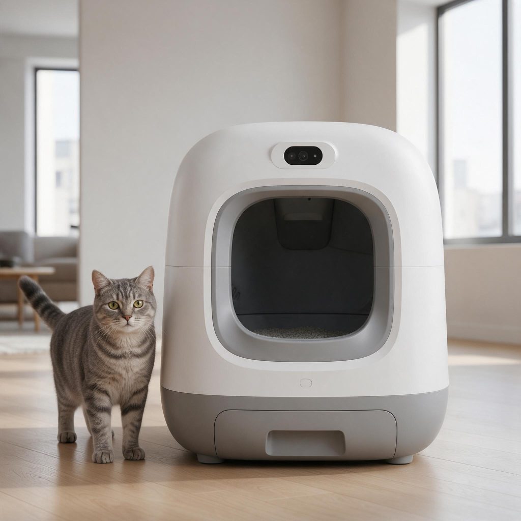 Smart self-cleaning litter box with an integrated AI camera module in a bright modern home interior beside a cat