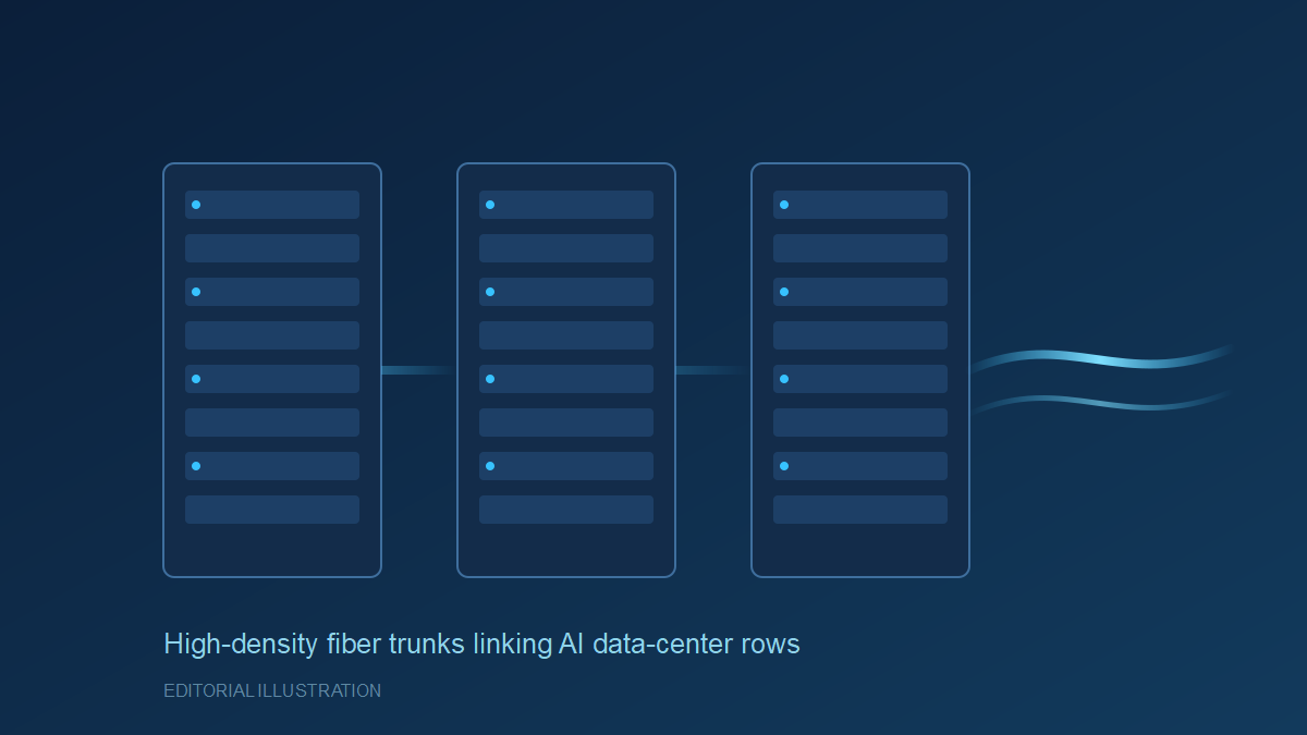 Editorial illustration of high-density fiber trunk cables linking AI data-center server rows