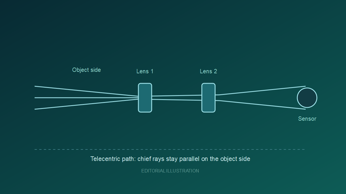 Editorial illustration of a telecentric lens ray path with parallel chief rays on the object side