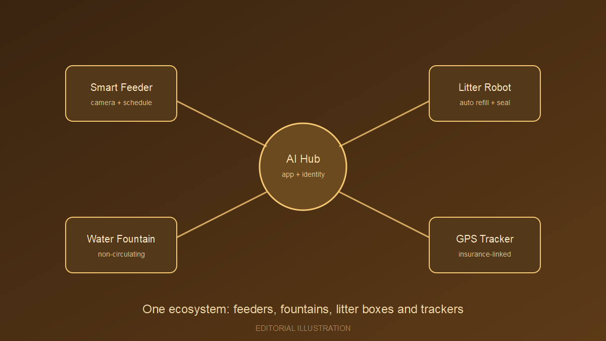 Editorial illustration of a smart pet ecosystem connecting a feeder, fountain, litter robot and GPS tracker to one AI hub