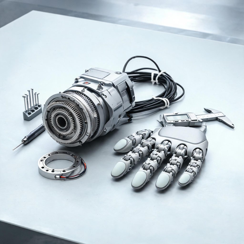 Partially disassembled humanoid robot arm joint module with harmonic drive and torque sensor ring beside a multi-fingered dexterous hand