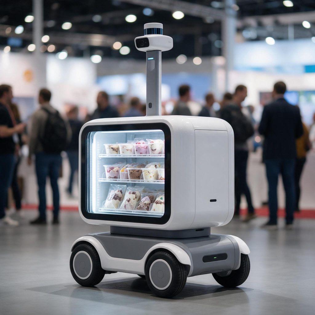 Autonomous mobile vending robot with a refrigerated display bay and sensor mast standing on an exhibition floor
