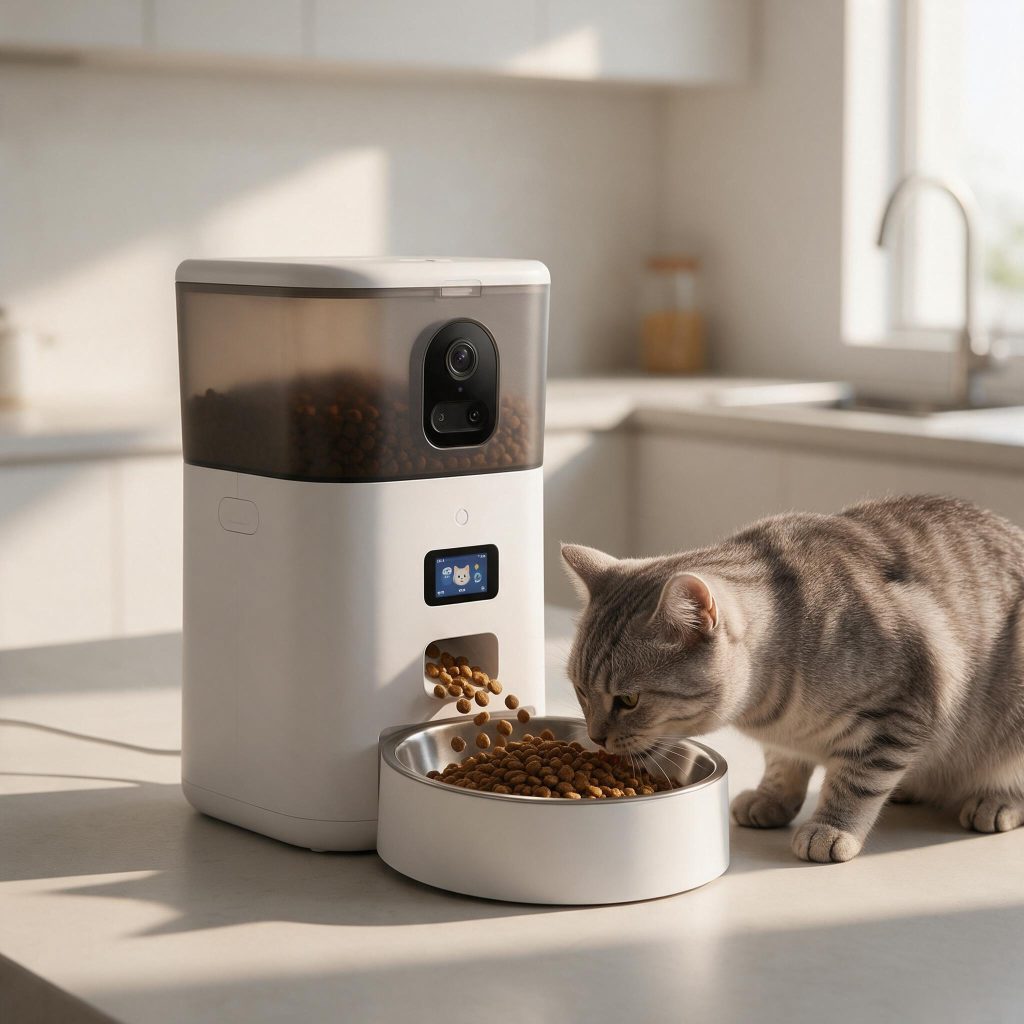 Modern smart automatic cat feeder with built-in camera dispensing dry food while a tabby cat eats