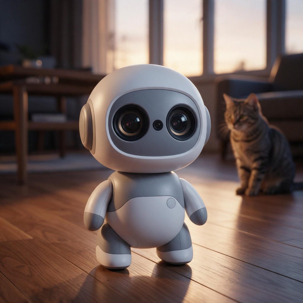 Small rounded companion robot on a living room floor with camera eyes and a household cat nearby in soft evening light