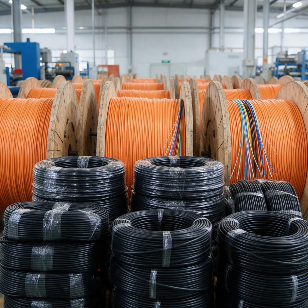 Bundles of duct and drop optical fibre cable stacked in a manufacturer warehouse with colour-coded fibres on a reel