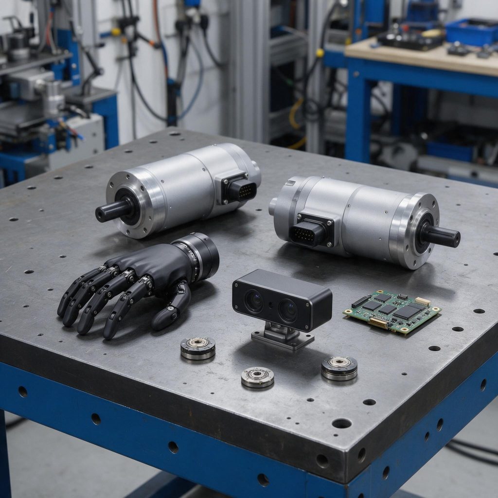 Humanoid robot components on an inspection bench including joint actuator modules, a dexterous hand and a camera depth module
