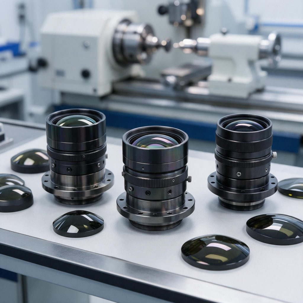 Long-wave infrared lens assemblies and germanium aspheric blanks on a cleanroom bench beside a diamond turning lathe