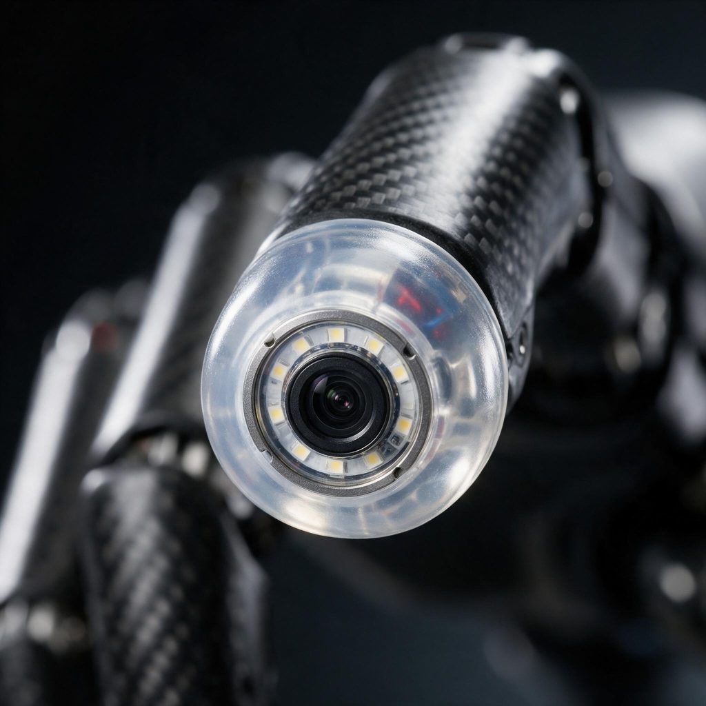 Macro photograph of a robot dexterous hand fingertip with a soft elastomer pad over a miniature camera and ring illumination