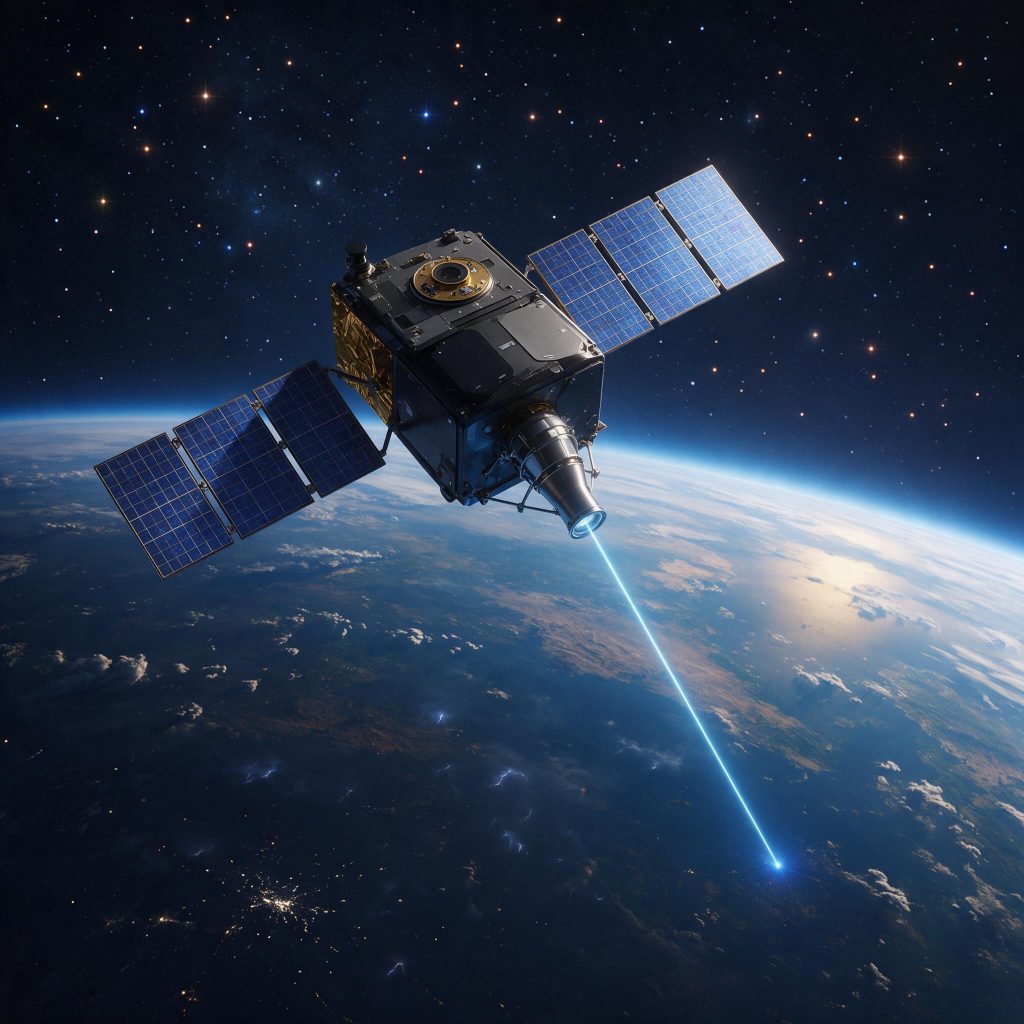 Small satellite in low Earth orbit firing a laser communication beam toward a ground station on Earth