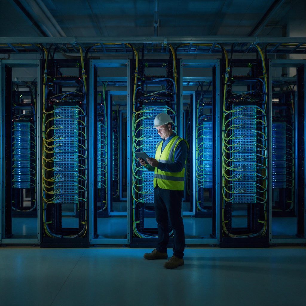 Submarine cable landing station interior with coherent optical transmission racks and a network engineer