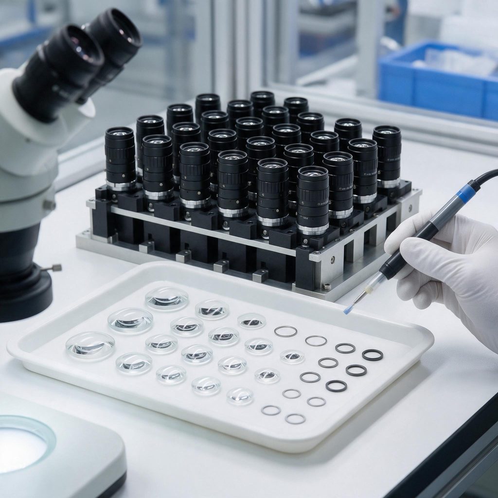 Rows of small optical lens assemblies on a cleanroom assembly bench with spacers, barrels and inspection fixtures