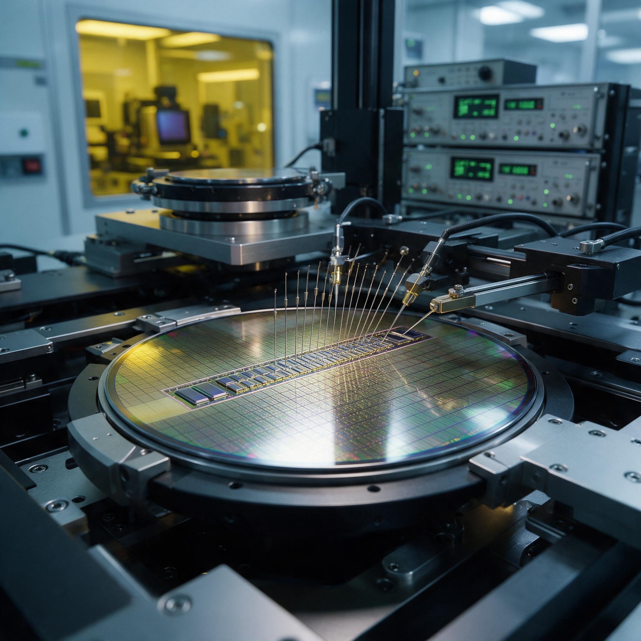 III-V photodiode wafer on an automated probe station, with probe needles contacting devices during on-wafer high-speed testing