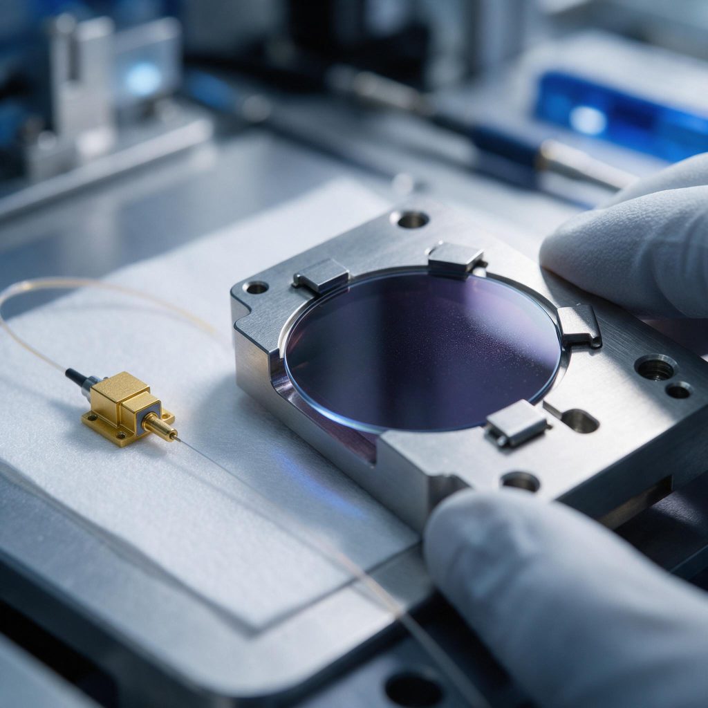 Close-up of a dark glass polarizer wafer held in a cleanroom fixture beside a laser diode package and a fibre pigtail