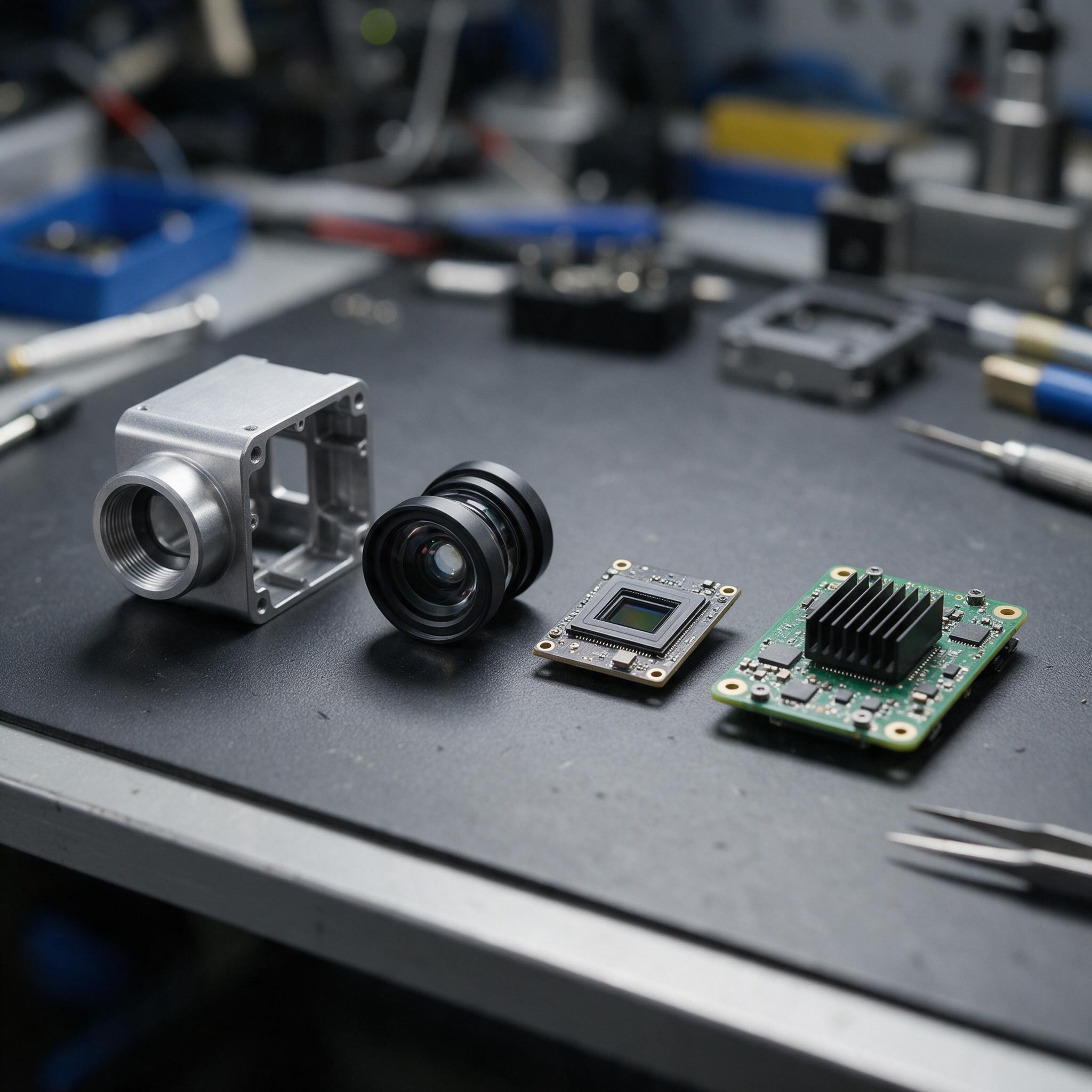 Camera and depth sensor module for a mobile robot on a bench beside a compute board and a wide-angle lens assembly
