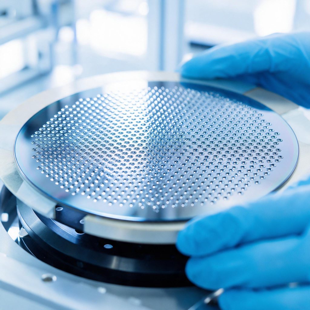 Silicon lens wafer under inspection lighting with a bonded wafer carrier and rows of micro-lens cavities in a cleanroom