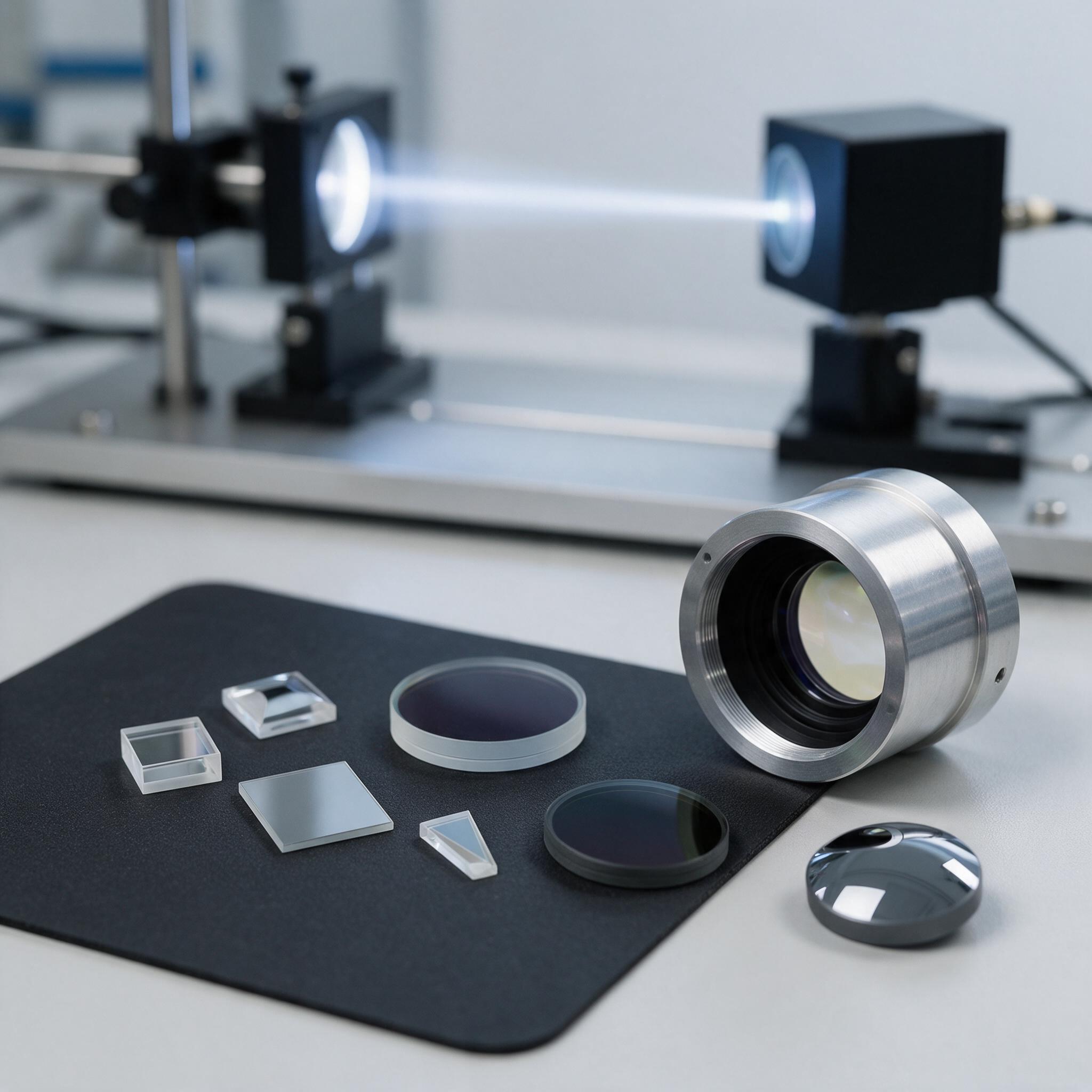 Silicon micro-optics and an infrared optical window on a laboratory bench beside a thermal imaging lens barrel and transmission test setup