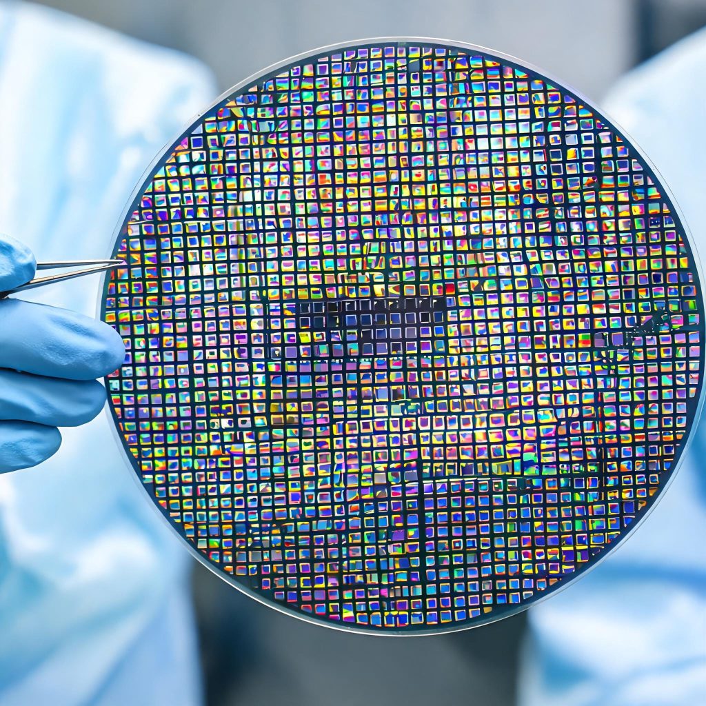 Semiconductor wafer held with tweezers under cleanroom light showing a grid of tiny single-photon avalanche diode pixel dies with rainbow interference colour