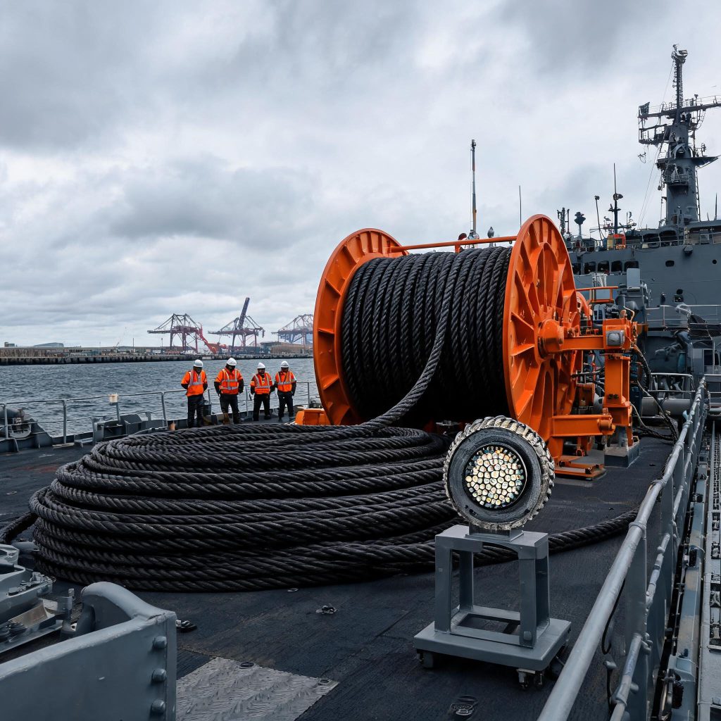Armored submarine fiber-optic cable coiled on a cable-laying vessel deck beside a cut cross-section sample showing steel armoring
