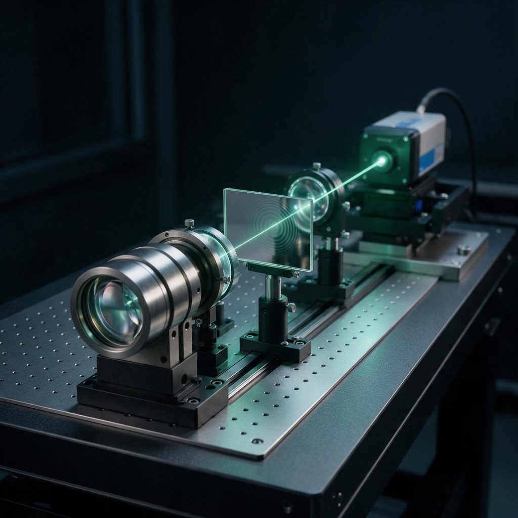 Ultra-precision optical lens and mirror assemblies on a metrology bench beside an interferometer with visible alignment fringes