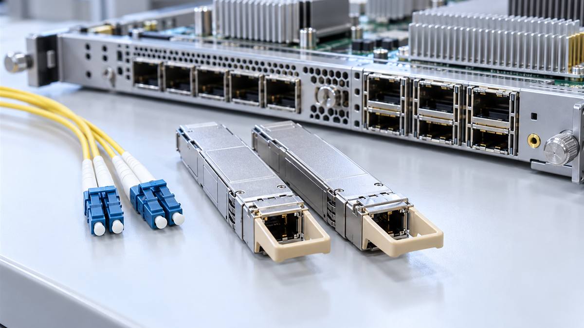 Two coherent optical modules beside LC fibre connectors and an optical line card