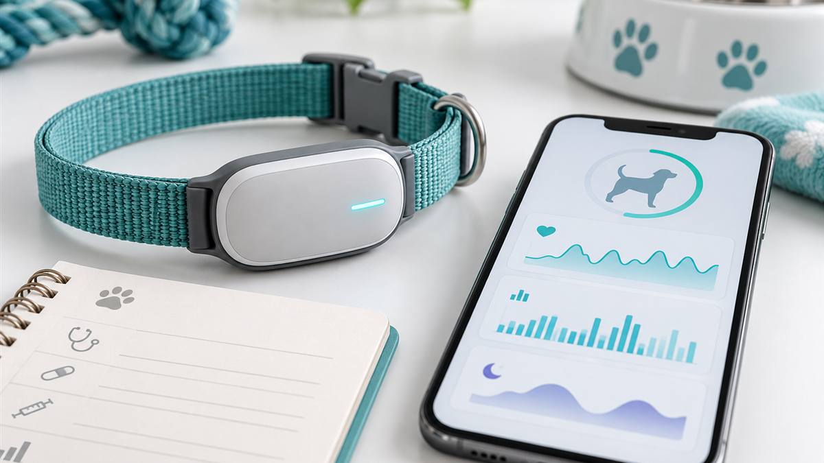 Smart collar sensor beside a phone displaying pet health trends