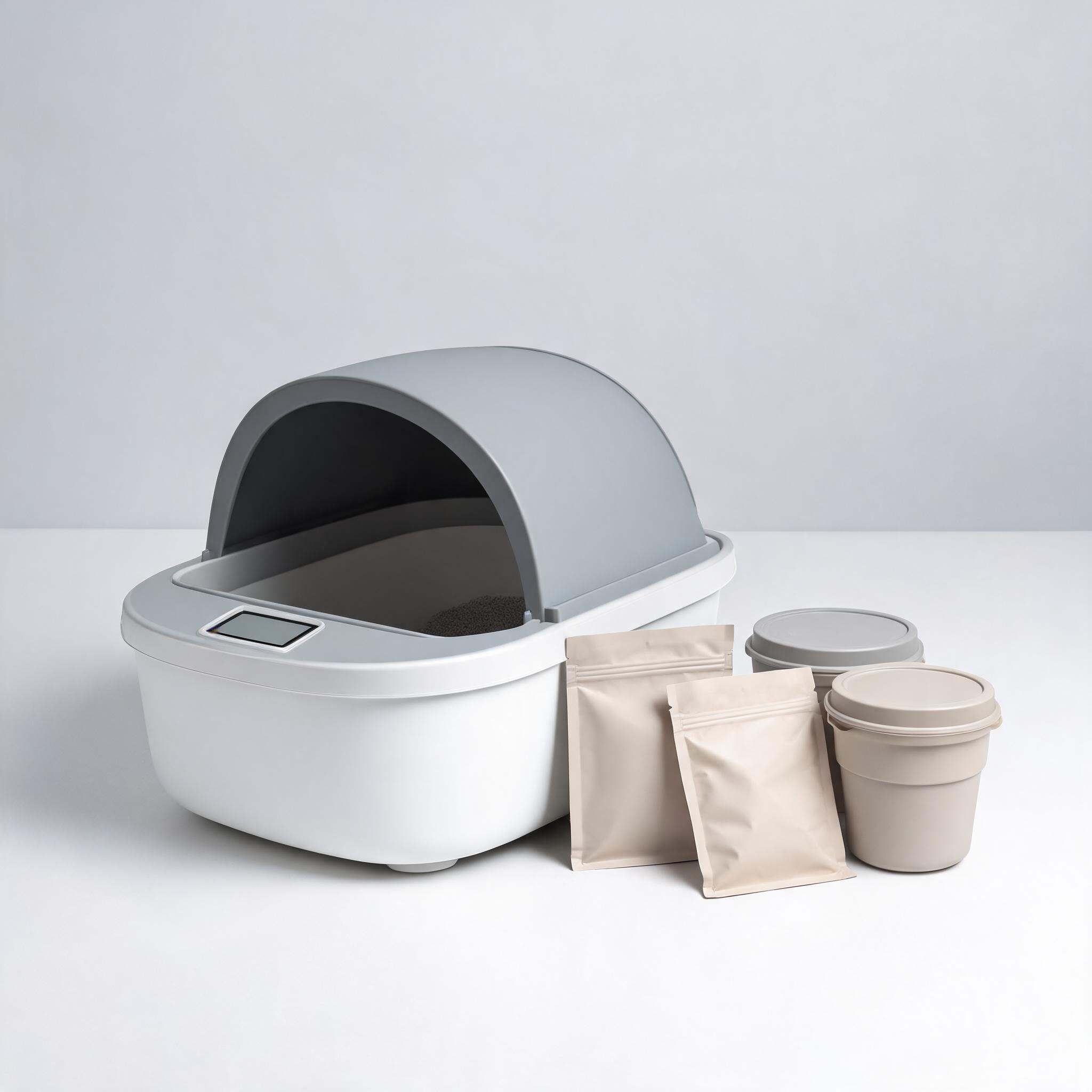Pet accessories on a retail display shelf including a self-cleaning litter tray and snack pouches