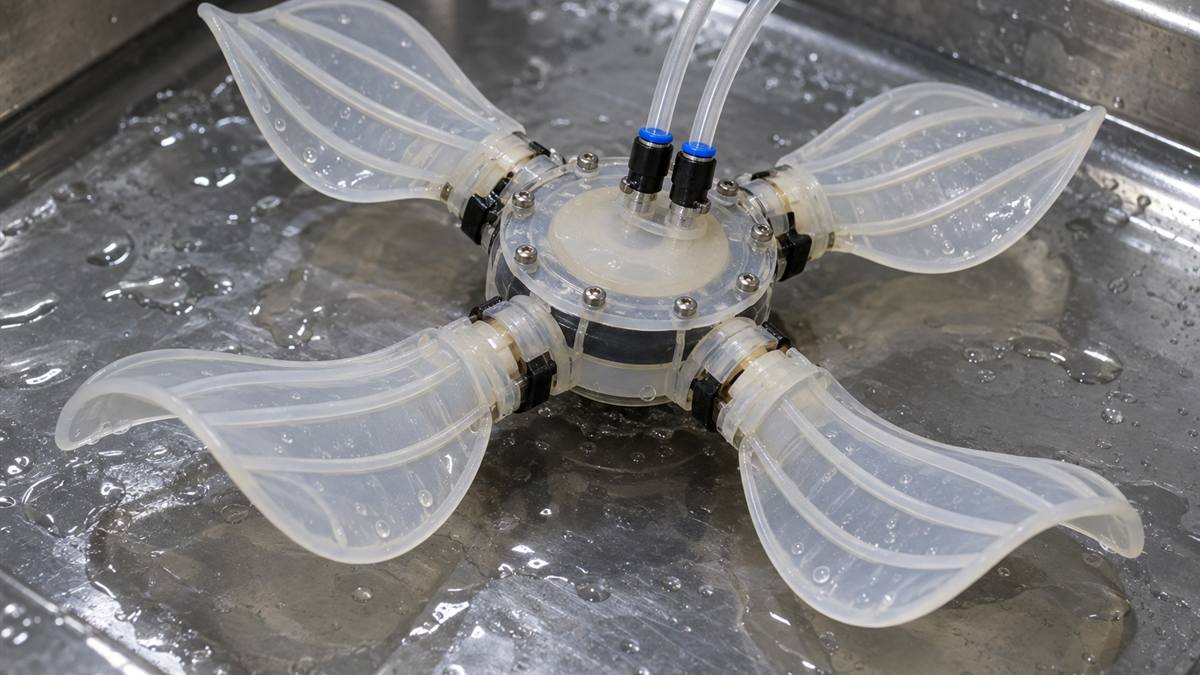 Four-wing soft aquatic robot with two pneumatic actuator tubes